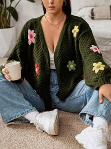 Flirla 大码女式彩色 3D 花卉图案开衫毛衣，冬季 - 綠色 - 查看 4