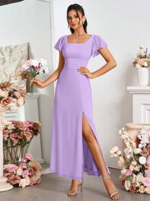 SHEIN Belle Vestido feminino maxi com fenda e decote quadrado sem costas para dama de honra - Roxa - Ver 6