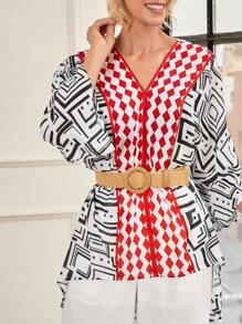 SHEIN LUNE Women's Casual Colorblock Geometric Print Batwing Sleeve Blouse, Spring Autumn - Multicolor - View 7