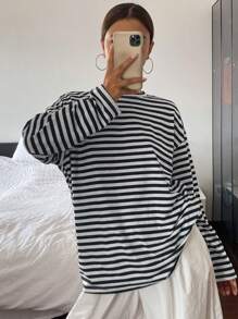 DAZY Damen Einfarbiges Rundhals Loose Langarm T-Shirt, Herbstkleidung - Schwarz und Weiss - Übersicht 1
