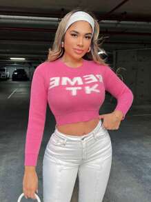 Zolique 新款提花针织毛衣，带英文文字图案，女士针织套头衫，秋冬款 - 粉色 - 查看 4