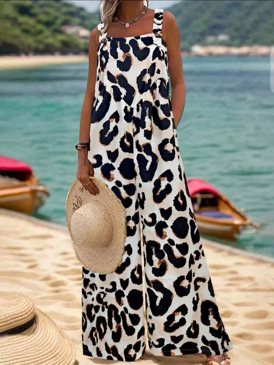 SHEIN LUNE Bộ áo liền quần không tay họa tiết da báo dành cho nữ, trang phục thường ngày - Nhiều màu - Xem 1