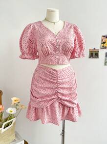 Soleia Plus Size Summer Casual Polka Dot Printed Puff Sleeve Shirt And Ruched Skirt Two-Piece Set - Dusty Pink - View 4