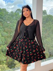 SHEIN EZwear 2pcs Plus Size Women's Mesh Cardigan And Cherry Print Slip Dress Set