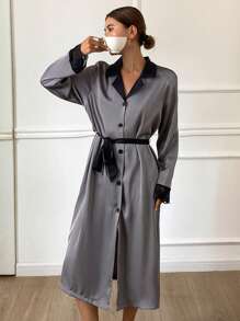 DAZY Women's Lapel Collar Long Sleeve Belted Slit Lace Splice Colorblock Shirt-Style Sleepwear - Grey - View 3