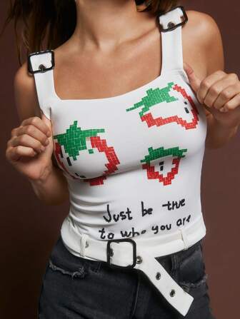 SHEINNeu Women's Summer Casual Strawberry Slogan Printed Tank Top