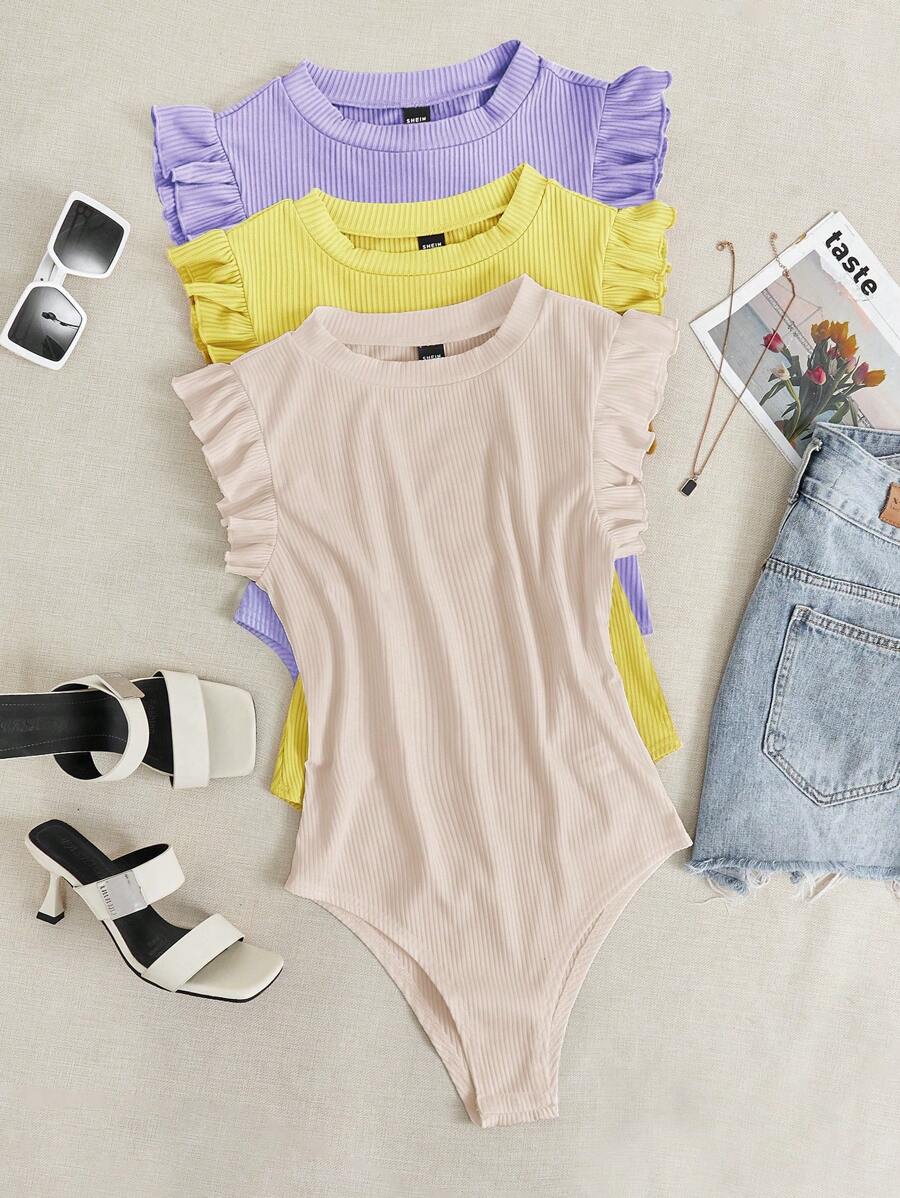 Chiquease Women Summer Solid Color Flutter Sleeve Round Neck Casual Bodysuit - Multicolor - View 1