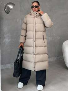 EURMUSE Zip Up Hooded Long Puffer Coat - Beige - View 5