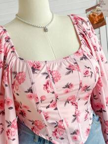 Soleia Blusa romántica con estilo de princesa, manga de farol, dobladillo asimétrico y estampado floral de pequeñas flores en color rosa para mujer de talla grande. Ropa de mujer para otoño, regreso a clases, conciertos, atuendos de despedida de soltera, agradecimiento