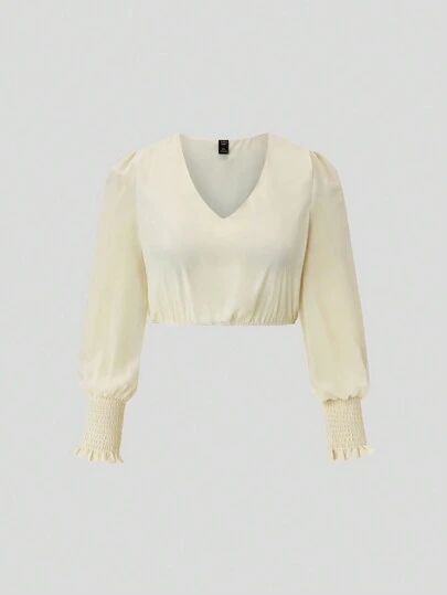 Fairmaia Ladies' V-Neck Long Sleeve Ruched Solid Color Gentle & Sweet Style Apparel, Plus Size Dirndl Clothing, For Oktoberfest