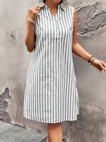 SHEIN LUNE Plus Size Women Striped Print Sleeveless Dress - Black - View 4