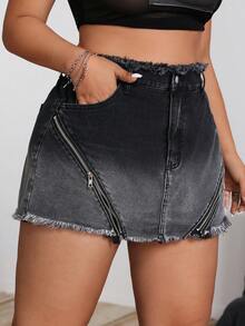 SHEIN ICON 大码女式高腰拼接流苏休闲黑色牛仔短裙 - 黑色 - 查看 7