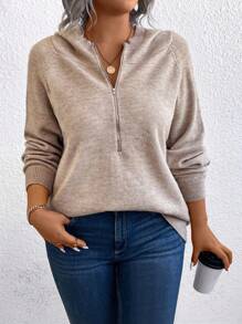 Áo len dài tay trơn dáng rộng, khóa kéo phía trước, kiểu dáng đơn giản, thích hợp mặc mùa đông hoặc thu. - Cà phê nâu - Xem 1