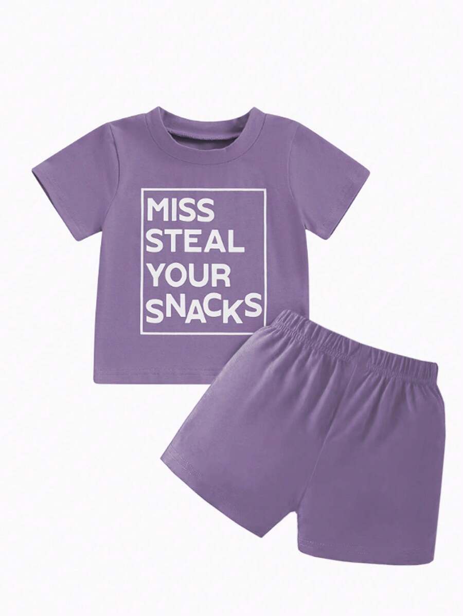 SHEIN Baby Girls' Purple Short Sleeve T-Shirt And Shorts Set Style Hit  Summer Tops  Thanksgiving Outfits For Girls