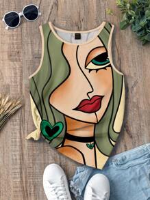 EMERY ROSE Face Print Fitted Sleeveless T-Shirt Tank Top For Women,Casual - Green - View 6