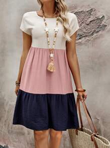 EMERY ROSE 波西米亚风格多层娃娃裙拼布圆领短袖休闲迷你连衣裙女