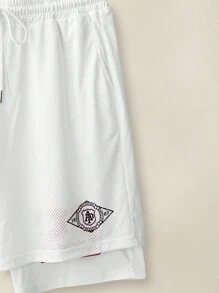 Manfinity VCAY Pantalones cortos deportivos con estampado digital de letras falso de 2 piezas para hombres, de vuelta a la escuela