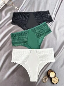 3pcs/Pack Women Solid Color Contrast Lace Briefs - Multicolor - View 1