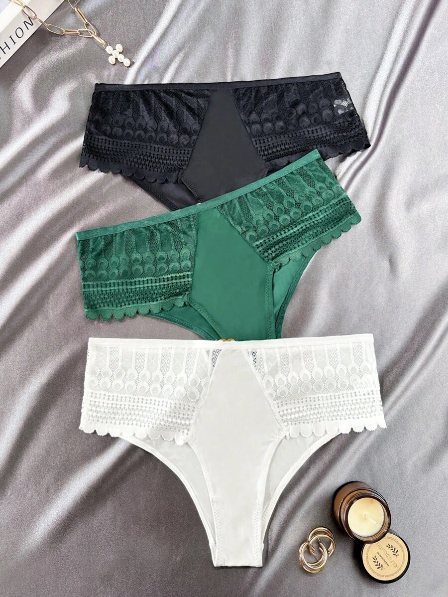 3pcs/Pack Women Solid Color Contrast Lace Briefs - Multicolor - View 1