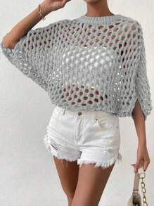 Chiquease 女士纯色圆领蝙蝠袖镂空宽松休闲毛衣，春秋季 - 灰色 - 查看 3