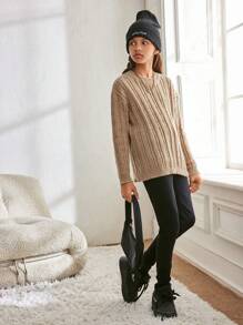 SHEIN Tween Girls' Loose Casual Pullover Sweater With Contrasting Bow Decor And Side Slit, Comfy And Versatile For Early Autumn - Khaki - View 7