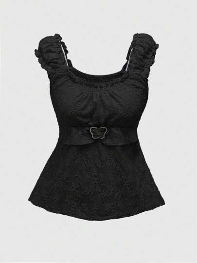 Fairycore Women's Black Ruched Sleeveless Butterfly Rhinestone Button Elegant T-Shirt