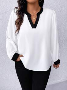 SHEIN LUNE Áo sơ mi cổ tròn có kích thước lớn màu khối cho mùa xuân và mùa thu - Đen và trắng - Xem 3