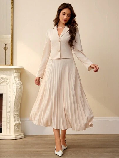 Chiquease 女士优雅复古金属与珍珠装饰短款西装外套搭配百褶裙 2 件套