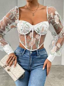 Allurite Women's Summer Sexy Floral Embroidery Sheer Mesh Sweetheart Collar Blouse