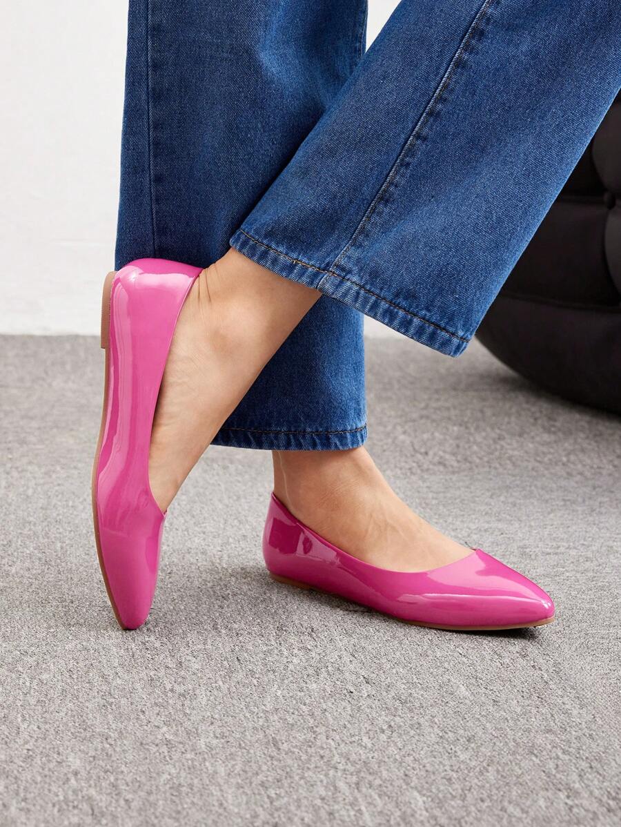 CUCCOO BIZCHIC 女士时尚粉色 PU 皮革尖头芭蕾平底鞋，适合夏季度假户外穿着，夏季促销优雅基础款商务休闲商务时尚圣诞秋季新年假期 - 玫紅色 - 查看 1