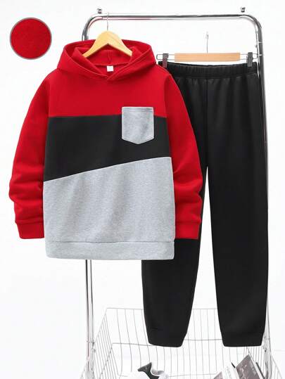 SHEIN 2 件/套青少年男孩休闲百搭保暖撞色拼布前袋设计针织连帽衫和裤子套装，派对礼物，返校服装，秋冬，羊毛，加厚