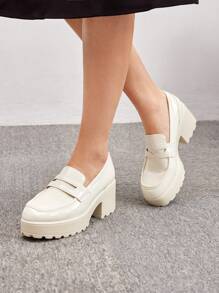 CUCCOO BIZCHIC Zapatos de mujer de suela gruesa minimalistas blancos PU tipo mocasín con cuña, para vacaciones de verano, en de verano, elegantes básicos, casuales de negocios, y sofisticados de negocios
