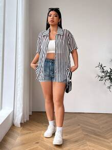 SHEIN EZwear Plus Size Women's Summer Black And White Striped Drop Shoulder Casual Blouse