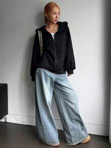 DAZY 宽松休闲连帽卫衣款女式黑色外套女式大衣 - 黑色 - 查看 4