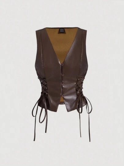 SHEIN MOD Khaki PU Leather Buckled Short Crop Top For Women