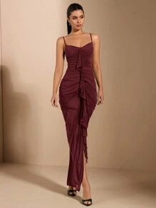 SHEIN BAE 女式合身褶饰前片连衣裙，配优雅花卉荷叶边装饰