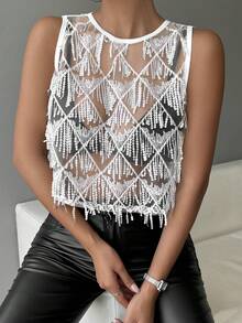 SHEIN Essnce Lễ hội âm nhạc trong kỳ nghỉ thường ngày dành cho nữ Sheer Mesh Sequin Crop Camisole Top - trắng - Xem 6