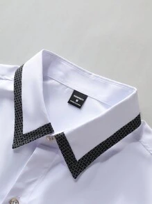 Calvornis 男士休閒對比色飾邊長袖襯衫，春秋款，修身正裝襯衫，商務優雅秋季正裝 - 白色 - 查看 4