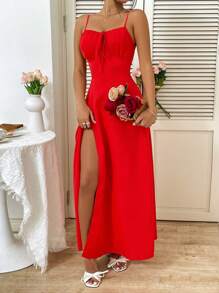 Sweetra 女式纯色高开叉细肩带夏季连衣裙，适合新年服装，长款女装 - 紅色 - 查看 3