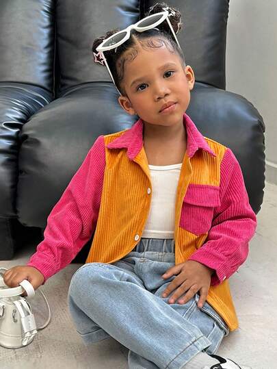 SHEIN 青少年女孩休閒通勤時尚街頭風外套，橙色條紋面料配亮粉色領口和口袋設計，適用於秋冬季，日常、派對、防風戶外活動，時尚百搭