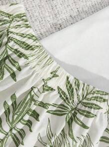 RueChic 3 peças/conjunto feminino algodão plantas imprimir pijamas & shorts e bolso detalhe homewear pijama conjunto