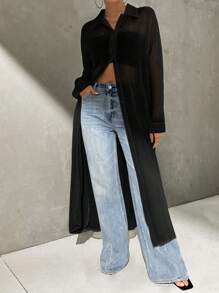 Firerie 女款白色雪纺防晒长袖开衫宽松轻薄中长款夏季 - 黑色 - 查看 4