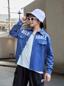 SHEIN Camisa de manga larga simple estampada para niños preadolescentes