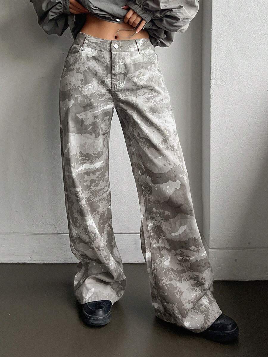 DAZY Pantalones vaqueros rectos y holgados de mujer con estampado de camuflaje, de uso casual y a juego, con bolsillos - Verde - Ver 1