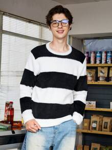 Manfinity Roghcode Áo len chui đầu nam kẻ sọc đen trắng kiểu dáng thường ngày - Nhiều màu - Xem 5