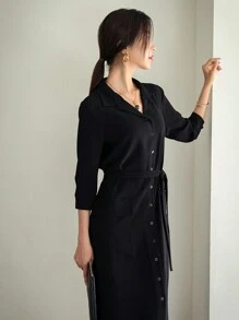 DAZY 女式纯色前扣开衩长款优雅黑色衬衫裙，秋季服装 - 黑色 - 查看 9