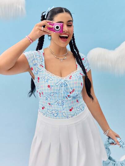 HELLO KITTY AND FRIENDS | SHEIN Plus Size Fashion Cute Lace Sweetheart Collar Blue Plaid Bowknot Cherry Cartoon Cinnamoroll Print Blue Women T-Shirt, Autumn
