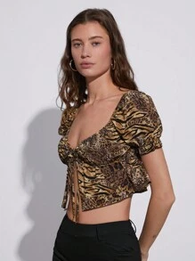 SHEIN EZwear Leopard Print Woven Lace-Up Shirt With Heart-Shaped Collar - Multicolor - View 5