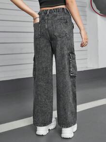 SHEIN Explorewe Calça Denim Cargo Lavada com Estampa de Estrela e Bolsos Grandes, Streetwear Casual para Adolescentes Meninas - Preto - Visão 9