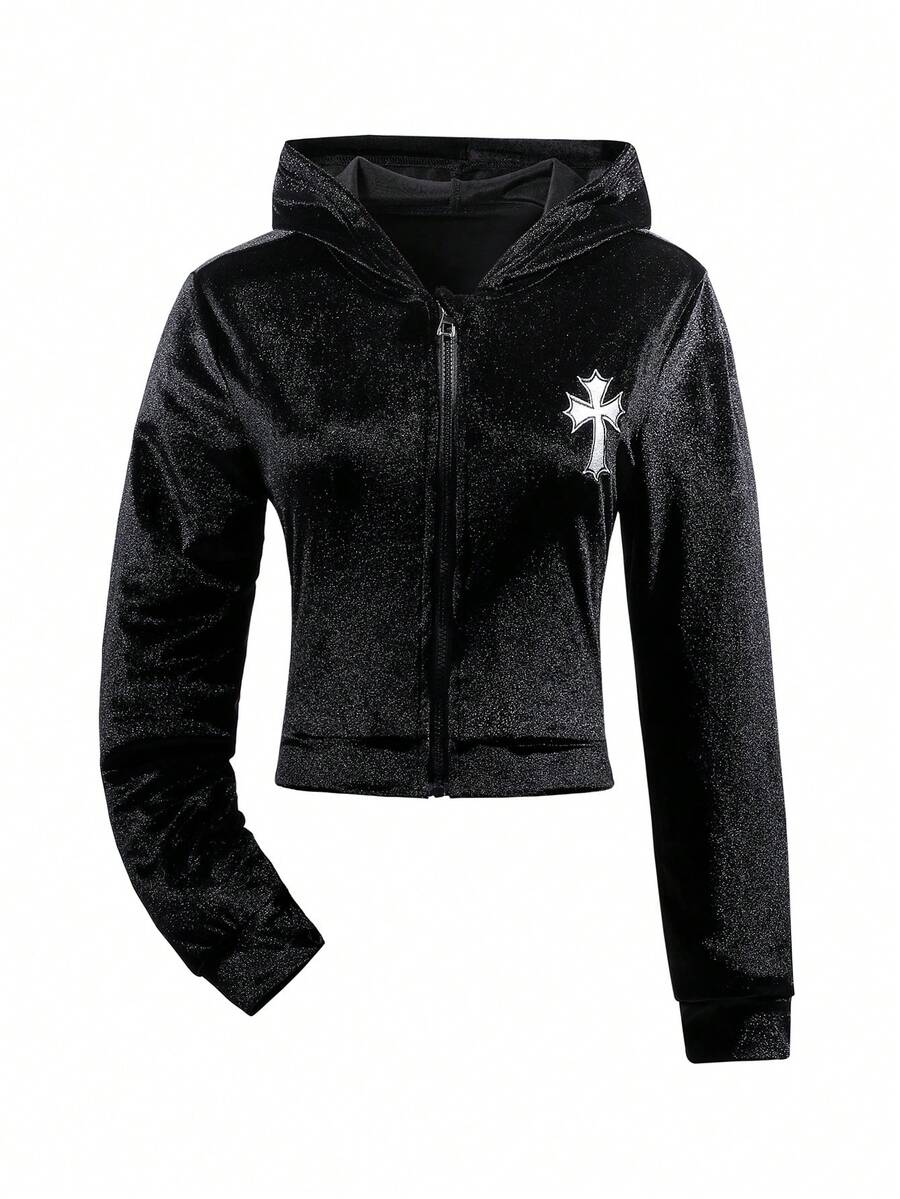 Teen Girl's Cross Print Hooded Casual Long Sleeve Jacket, Autumn/Winter Fall - Black - View 1